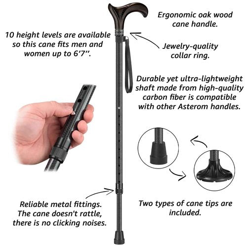 Asterom Carbon Fiber Cane - Lightweight, Ergonomic, Adjustable - Walking Canes for Men & Women, Carbon Walking Cane, Cool Walking Sticks for Seniors (Derby)