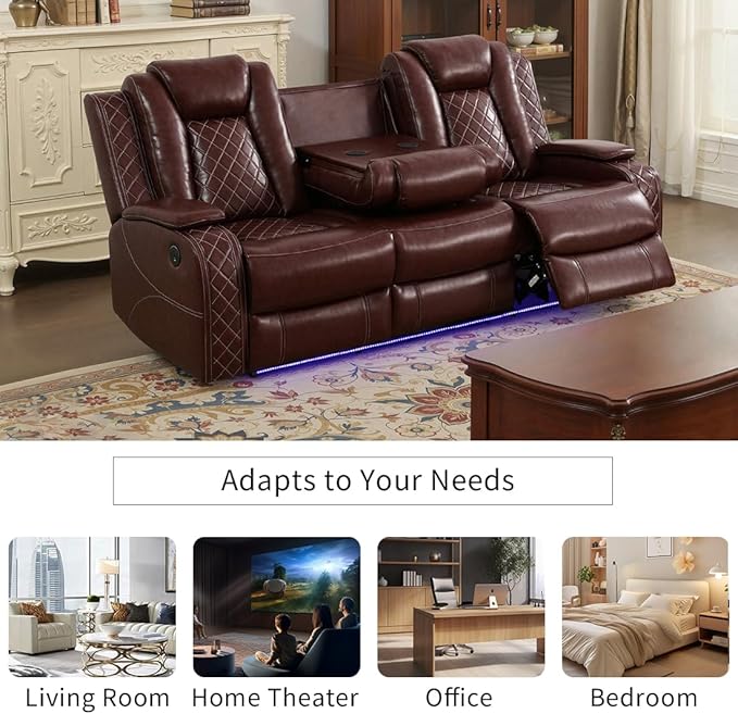 Toseslo Power Leather Recliner Sofa Set with LED Light, Brown Leather Sectional Sofa Set, Living Room Furniture Sets, Modern Power Reclining Sets with Storage Console for Living Room