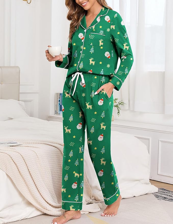 Veseacky 100% Cotton Pajamas for Women Set Long Sleeve Button Down Sleepwear Soft Pjs Lounge Sets with Pockets XS-XXL