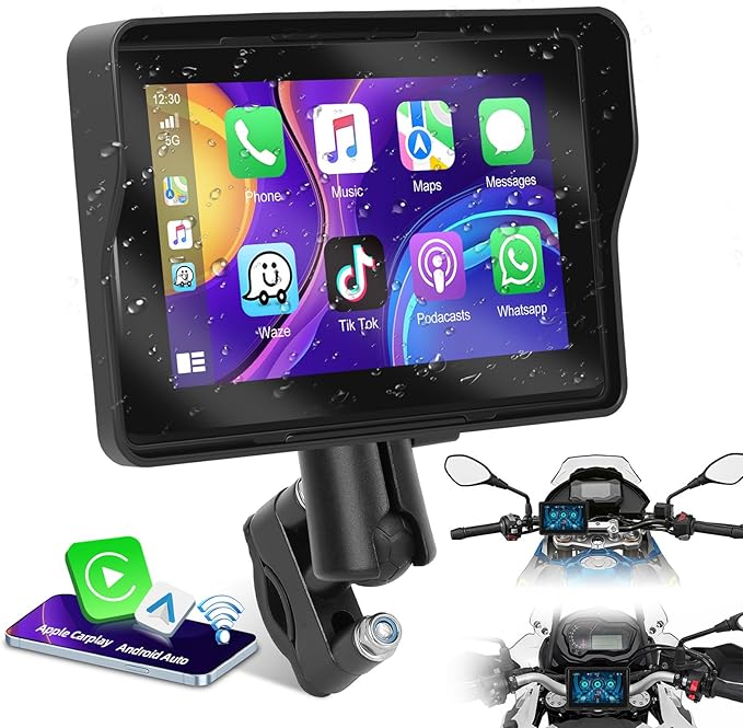 Podofo HD IPS Touch Screen Portable Wireless Apple Carplay Screen for Motorcycle & Wireless Android Auto GPS Navigation,Ca...