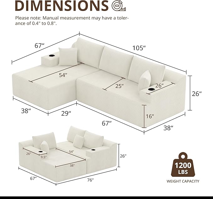 105" Cloud Sectional Couch with L-Shape Chaise, Modular Sectional Sofa with Deep Seat & 2 Cup Holders, Modern Corduroy Boneless Couches for Living Room, No Assembly Required, Left Facing Chaise, White | Pet Friendly, Flexible Layout