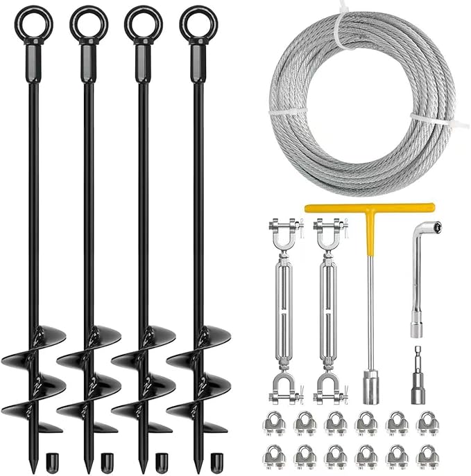 4 Pack 30" Heavy Duty Ground Anchors Shed Anchors Kit with 3/16" Galvanized Cable & M6 304 Stainless Steel Turnbuckles, Earth Anchors for Mobile Home Carport Gazebo Trampoline