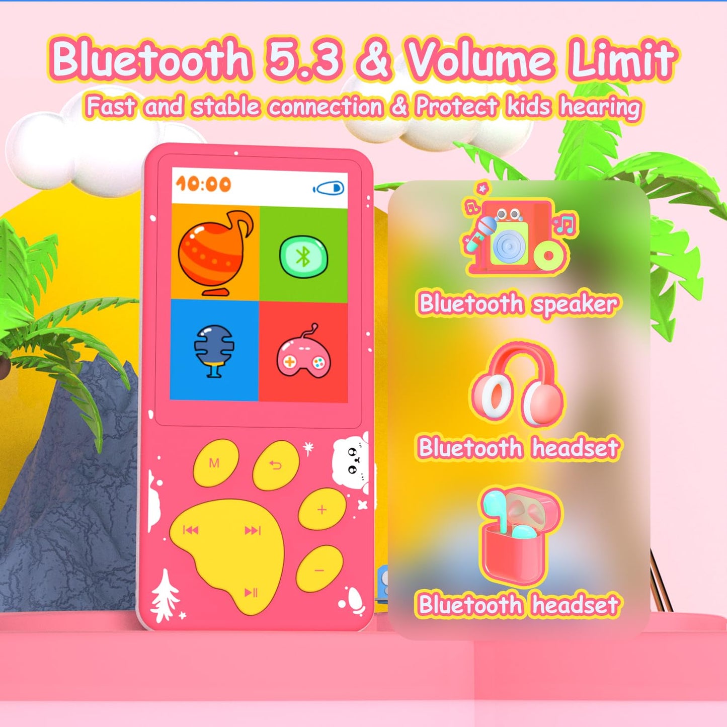 Mp3 Player For Kids,32Gb Pink Kids Mp3 Player With Bluetooth,Speaker, 2.4 Inch Color Screen,Soothing Sound,Flashlight,Games,Voic