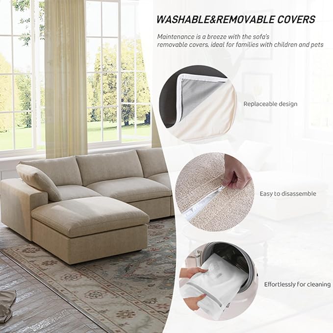 160.6'' Cloud Modular Sectional Sofa,Down Filled Comfort V Shaped Sofa Couch for Living Room,Minimalist Wide Deep Seat Convertible Couches for Office Apartment,4 Seater & 1 Corner+1 Ottoman (Khaki)