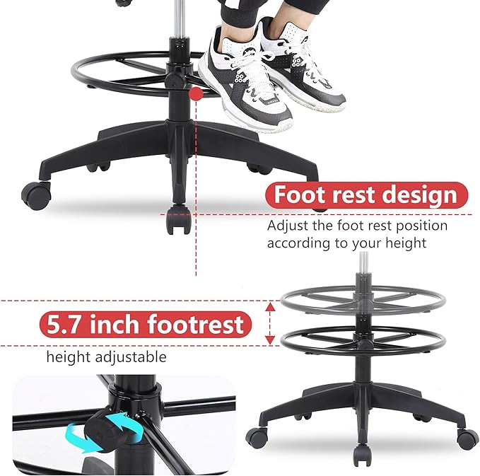 BestOffice Drafting Chair Tall Office Chair Adjustable Swivel Rolling Mesh Height with Lumbar Support Arms Footrest Mid Back for Adults Standing Desk Drafting Stool (Ashy)