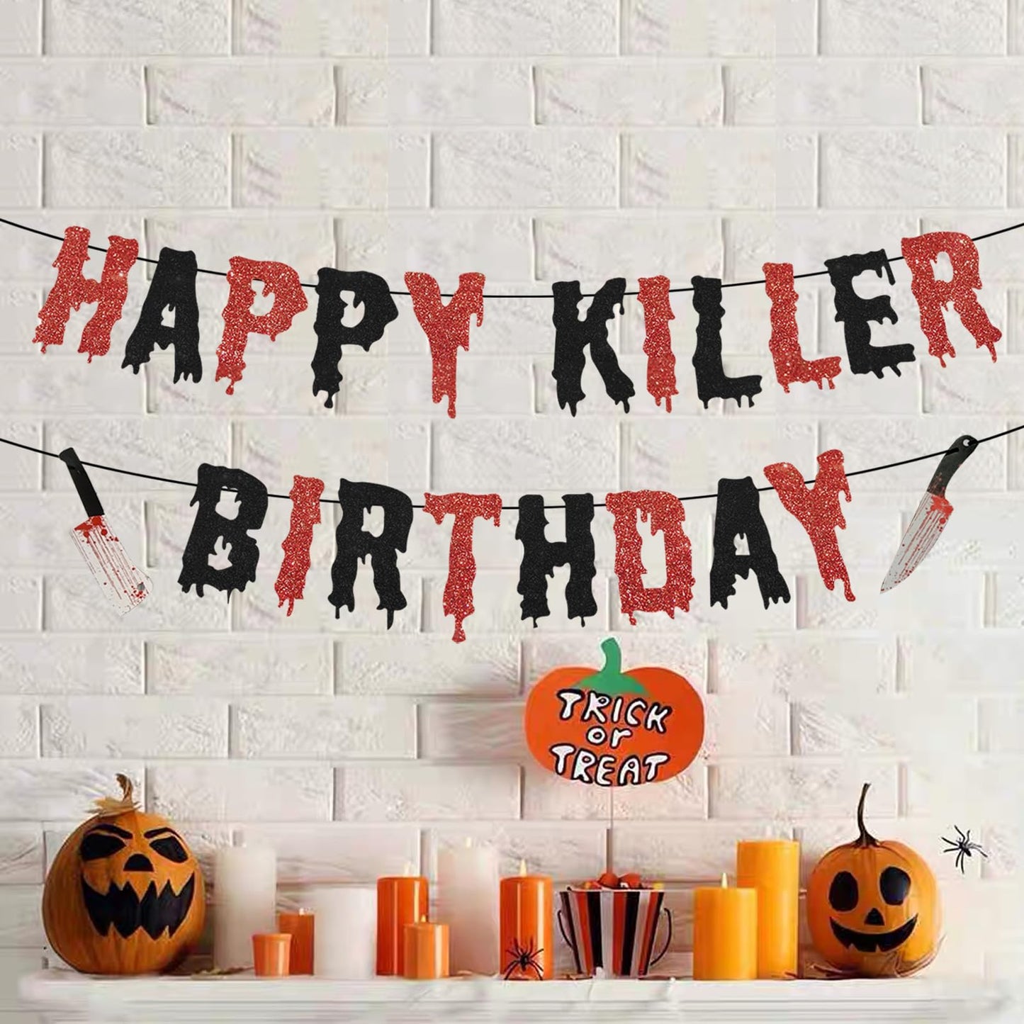 Halloween Happy Birthday Decoration,Pre-assembled Have A Killer Birthday Banner Glittery Red and Black Decor for Horror Spooky Themed Birthday Party