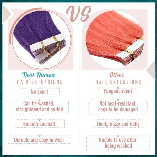 RUNATURE Tape in Hair Extensions, 16 Inch Purple Hair Extensions Tape in Human Hair, Seamless Highlight Colored Hair for Kids, Skin Weft Dark Purple Hair Extension 50g 20pcs