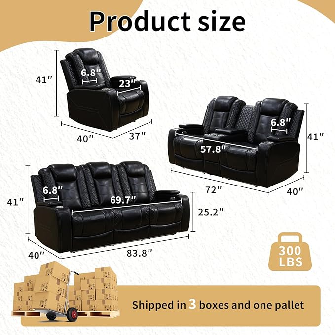 Caberryne Power Recliner Sofa Set with LED Lights,Leather Reclining Couch and Loveseat Set with USB Port/Coffee Table/Cup Holder,Living Room Set with 4 Recliner Seats for House(2 Piece Set,Black)