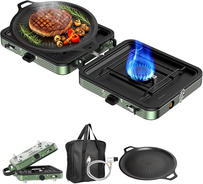 Portable Camping stove, 2 Burner Foldable Camping Stove with Griddle and Carrying Bag & Hose, 8600BTU Portable Propane Cam...