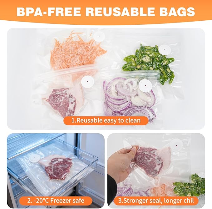 Vacuum Sealer Bags for Food Compatible with Feppo – 34 Pcs (3 Sizes: 11.8"x13.4", 10.2"x11", 8.3"x8.7"), BPA-Free Reusable Zipper Bags with 4 Seal Clips for Sous Vide, Cooking & Freezer Storage