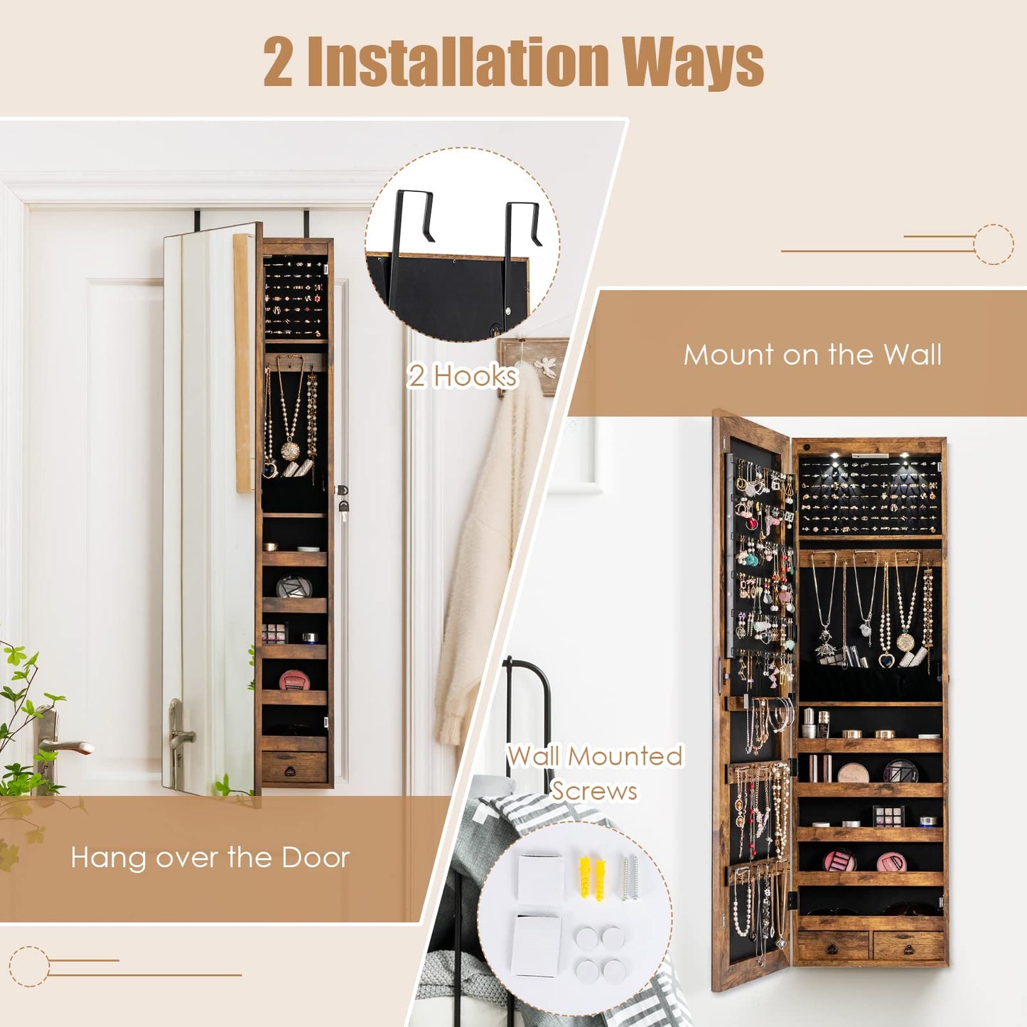 MAT EXPERT Jewelry Armoire, Wall Door Mounted Hanging Jewelry Organizer w/Full-length Mirror, 2 LED Lights and 2 Drawers, Lockable Large Storage Mirror Jewelry Cabinet for Bedroom (Brown)