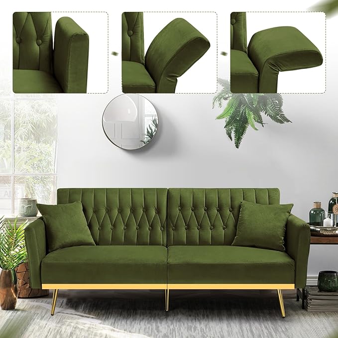 ACMEASE 70” Velvet Futon Sofa Bed w/Adjustable Armrests & 2 Pillows, Convertible Futon Couch w/Adjustable Backrests, Modern Sleeper Bed for Living Room, Bedroom, Olive Green