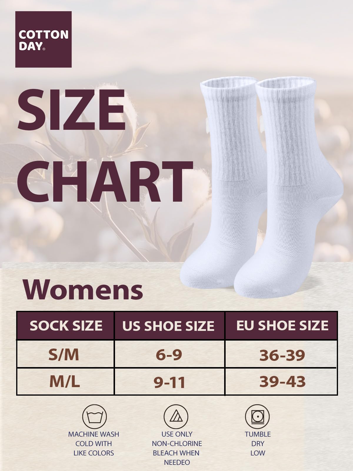 COTTON DAY Womens Soft Combed Cotton Crew Socks All White Half Ribbed Shoe Size 6-9
