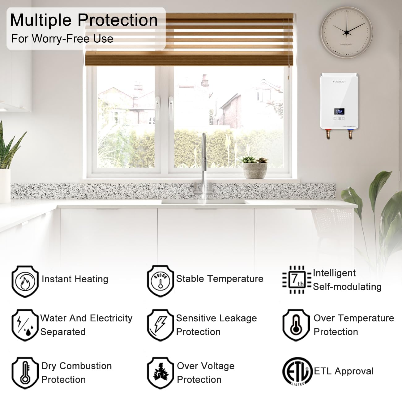 Tankless Water Heater Electric, ECOTOUCH 240V 6.5kW Point of Use Water Heater On Demand Instant Hot Water Heater with Self-modulating for Sink Faucet, White, ECO65S