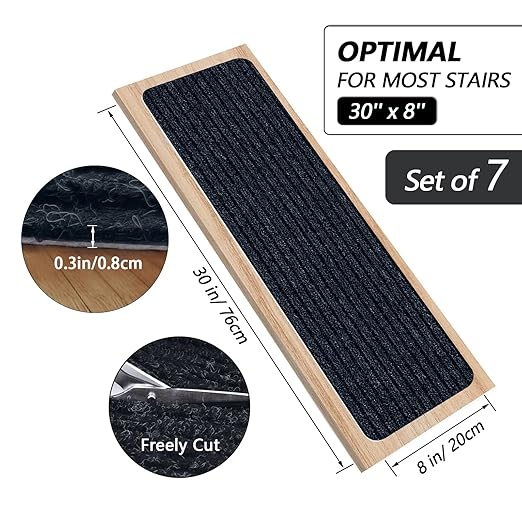 Non-Slip Stair Treads, 7.8" X 30" (7-Pack) Stair Runner Indoor Outdoor Mat, Grey Slip Resistant Stair Tread Mats Step Covers Pads for Elders, Kids and Pets (30" x 7.8", Grey)