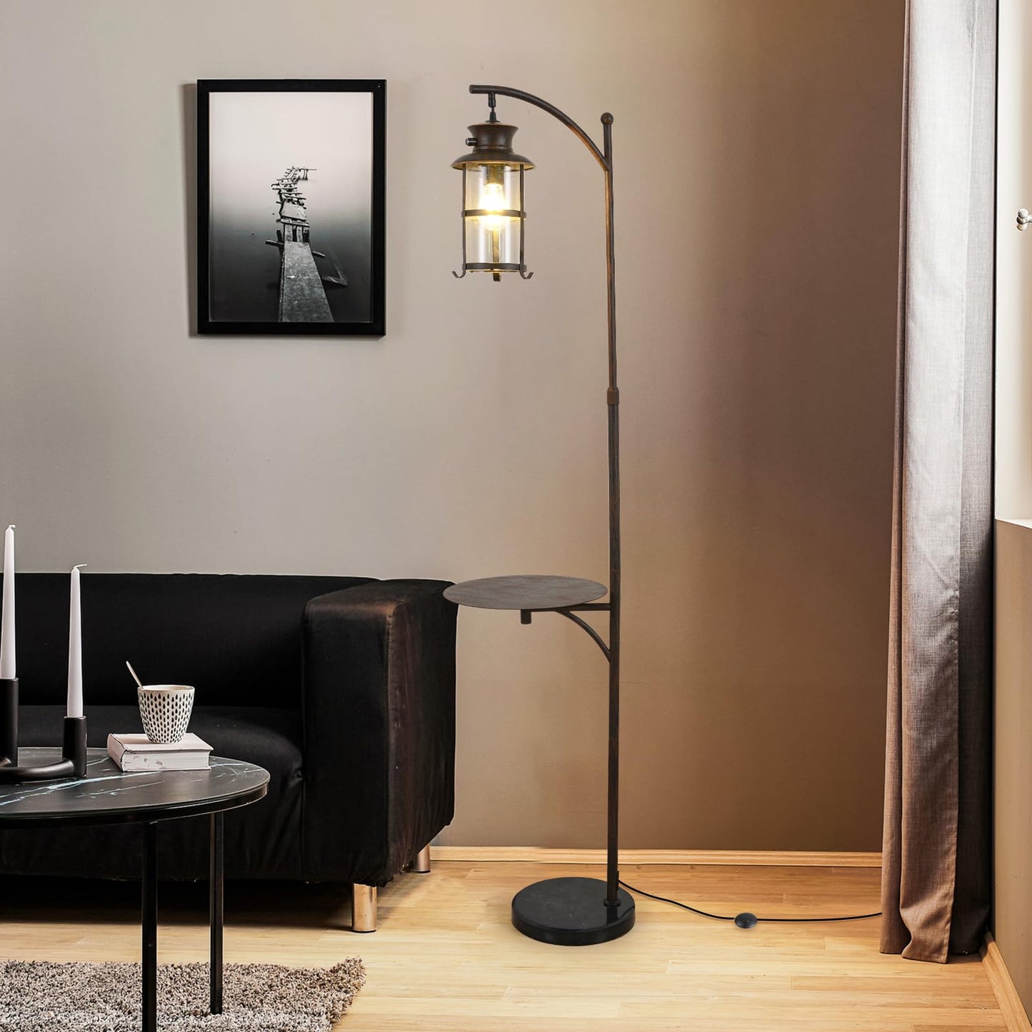 beaysyty Farmhouse Retro Adjustable Floor Lamps with Tray Lantern Tall Standing lamp for Bedroom Home Decor for Office Living Room Bedroom, Knob Switch (Rust)