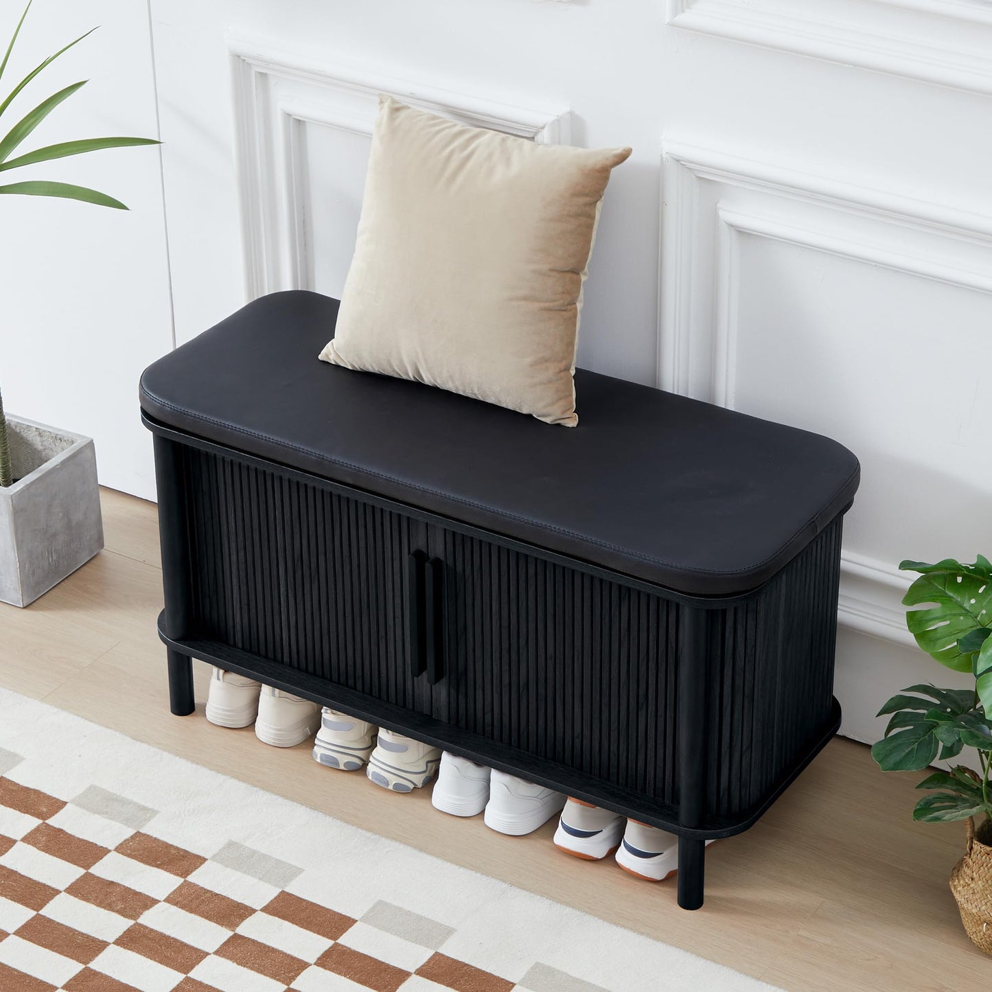 QEIUZON Shoe Bench, Entryway Shoe Cabinet with Leather Cushion and Sliding Door, Modern Shoe Storage Organizer for Living Room, Hallway (Black)
