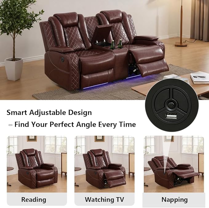 Leather Recliner Loveseat Set with LED Light, Power Leather Sectional Set, Living Room Furniture Sets 2 Seats, Modern Power Reclining Sofa Sets with Storage Console/Cup Holder for Living Room(brown)