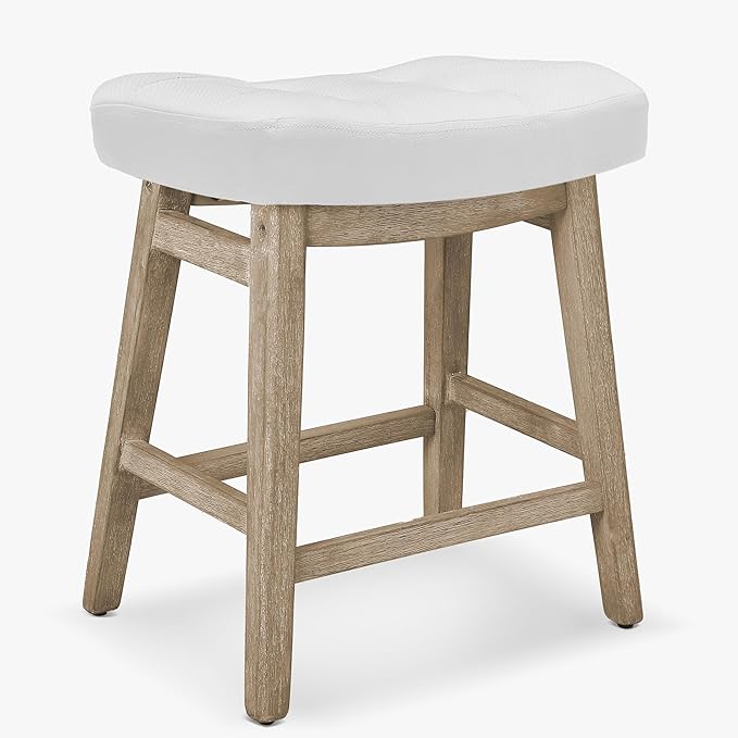 RNKSFX White Bar Stool for Kitchen Counter Island Counter Height Farmhouse Modern Barstool with Faux Leather Upholstered Backless Seat and Solid Wood Legs 24 inch Bar Chair