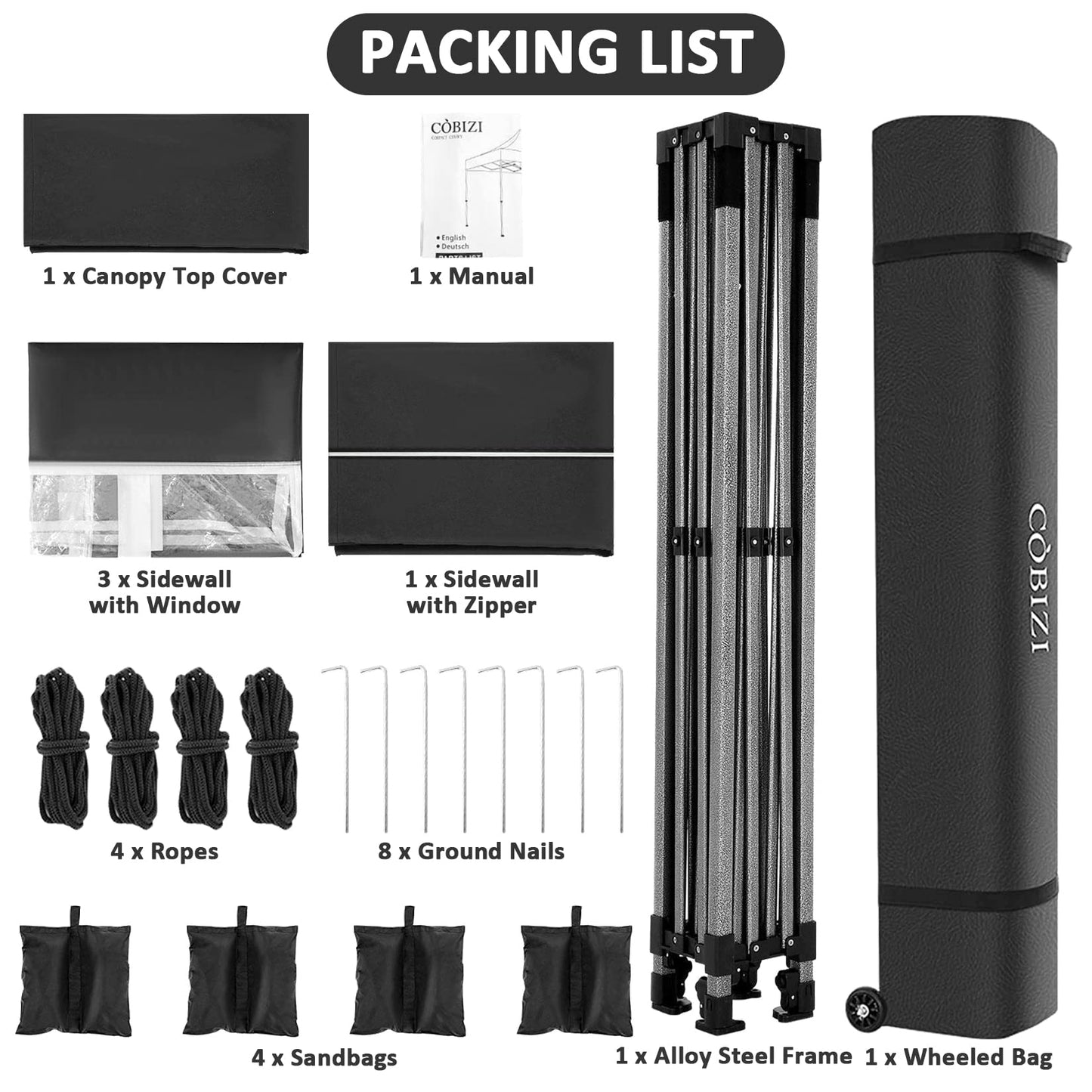 COBIZI 10x10 Pop Up Canopy with 4 Sidewall,Heavy Duty Canopy UPF 50+ All Season Wind Waterproof Commercial Outdoor Wedding Party Tents for Parties Canopy Gazebo with Roller Bag (10 x 10 ft Black)