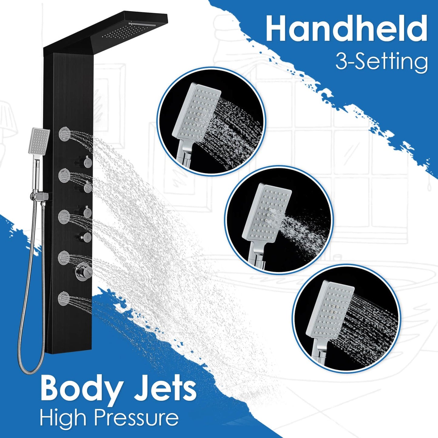 ROVOGO Shower Panel Tower System with Rainfall Waterfall Shower, 5 Body Jets and 3-Setting Handheld, 304 Stainless Steel Shower Column Wall-Mount, Black