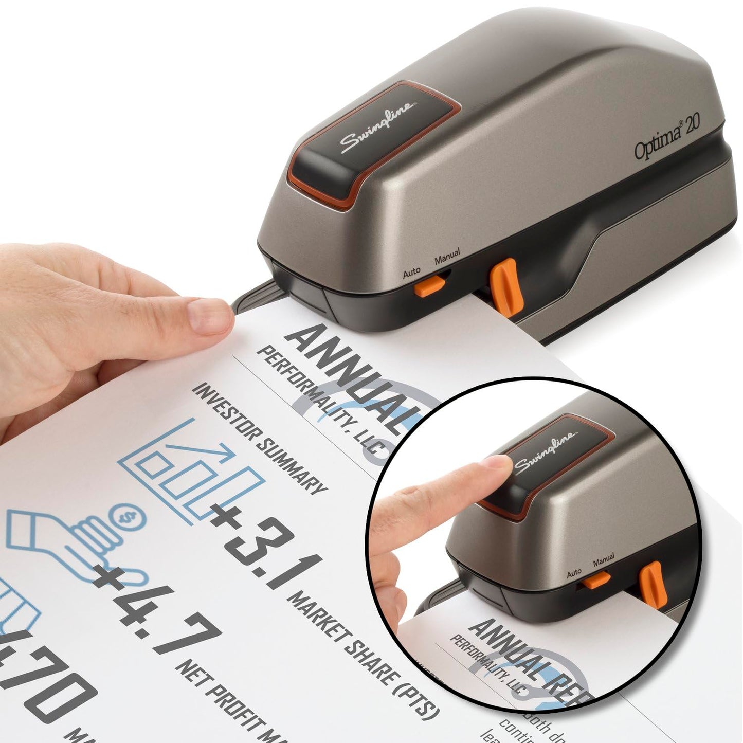 Swingline Electric Stapler, 20 Sheet Capacity, Optima 20, Jam Free, Auto Or Manual, Plug In Or Battery, Silver (48208)