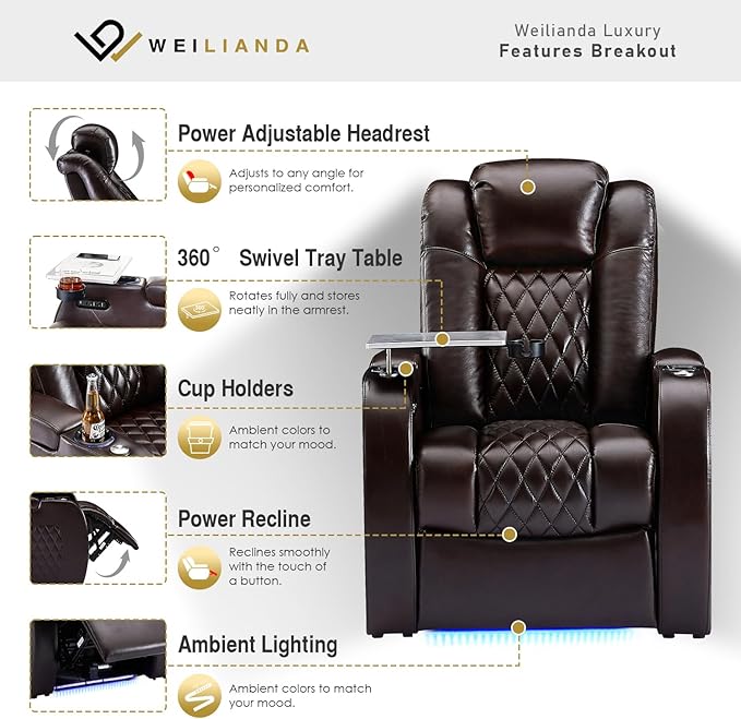 Weilianda Home Theater Seating Top Grain Leather Zero Gravity Recliner Chair Power Headrest Recline Movie Seat Gaming 7 Colors Mood Light Sofa with Tray Table USB Charge Row of 5 Brown