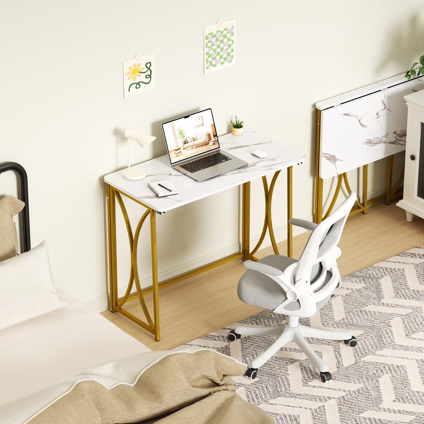 coeztt Folding Desk, 31.5" Small for Bedroom, Space Saving Foldable Computer Desk for Home Office, Easy Assembly, White and Gold
