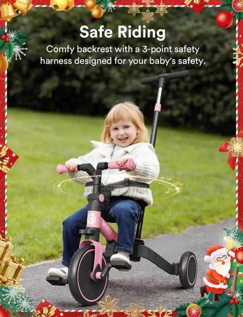 besrey 4 in 1 Toddler Bike, Toddler Tricycle for 1-3 Year Old, Trike with Push Handle, Backrest and Safety Belt, Birthday Gifts and Toys for Boys and Girls, Balance Bike