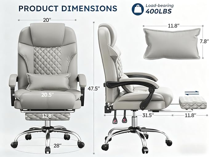 DurayLoly Big and Tall Office Chair 400lbs - Executive Ergonomic Desk Chair with Footrest, High Back Reclining Leather Chair with Lumbar Support for Home Office,Light Grey