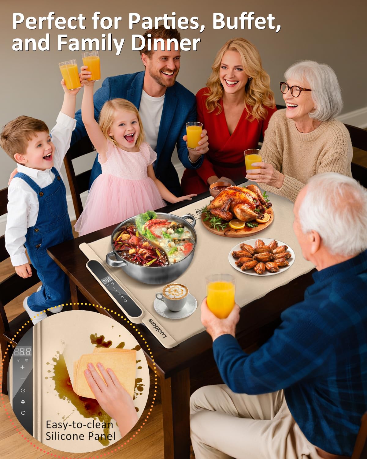 Lucidora Food Warming Mat, Electric Rollable Food Warmer 10 Levels Temperature & 10-Hour Timer Large Warming Tray with Child Lock for Parties & Buffet, Extra-Long 6.5ft Cord, Creamy White