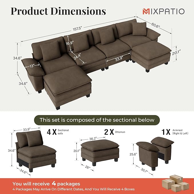 MIXPATIO 157-Inch U Shaped Sectional Sofa with Cloud Cushions, Deep Seat Modular Couch Set w/ 6 Seats & 2 Ottomans, Removable Arms, Plush Chenille Upholstery for Living Room, Apartment - Taupe