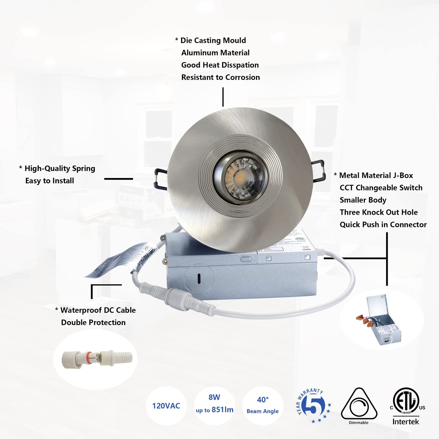 POPANU Premium Canless Recessed Gimbal Downlight Rotatable-Spotlight 5 CCT Eyeball Ceilling Potlight, Dimmable Lights Fixture with Junction Box, 8W CCT Adjustable (Brushed Nickel, 4 Inch)