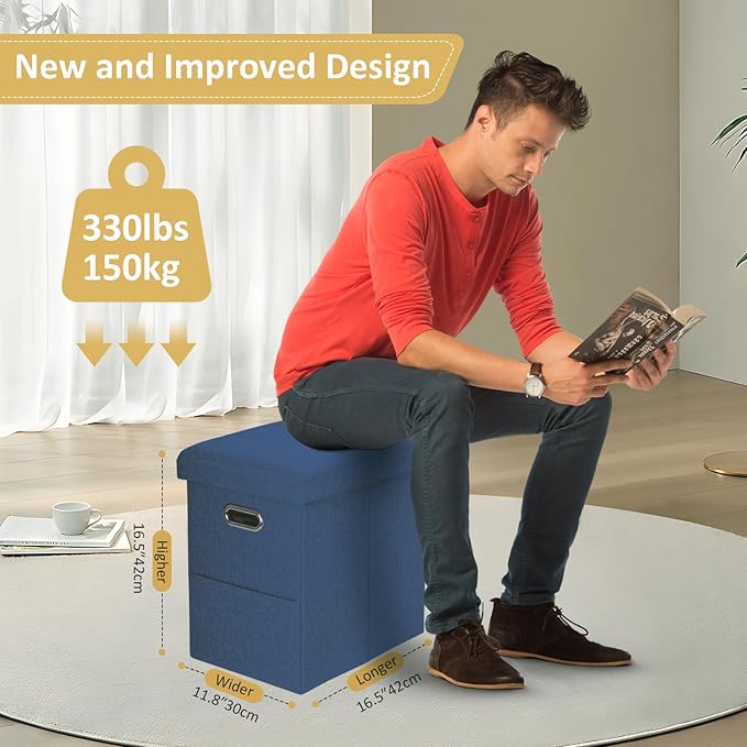 Emosoon Tall Ottoman with Storage Collapsible Fabric Small Slim Folding Ottoman Furniture with Handles Lid for Room Footrest Foot Stool Linen Navy Blue 16.5x16.5x11.8in