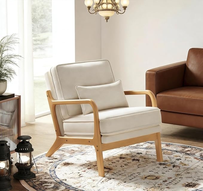 MALOL Mid-Century Accent Chair with Solid Wood Frame, Reading Relaxing Armchair Lumbar Pillow& Soft Cushion, Leisure Chair...