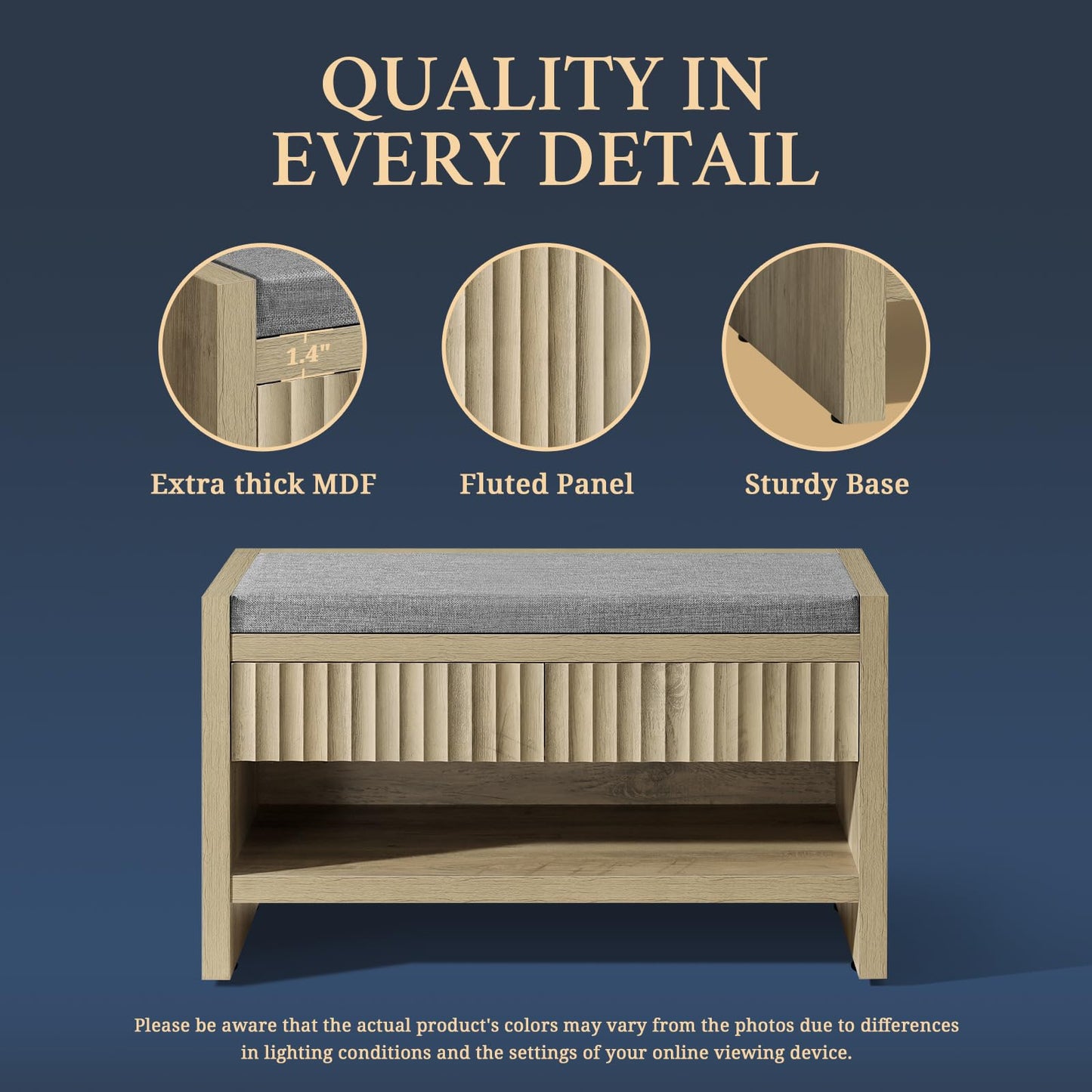 OAKHAM HOME Fluted Shoe Bench with 2 Drawers, Heavy Duty Entryway Storage Stool with Soft Linen Seat Cushion, Shoe Rack Organizer with Shelf for Hallway Living Room Bedroom (Sunwashed Ash Oak)