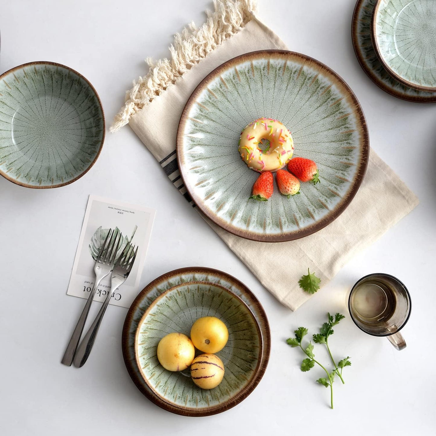 Melamine Dinnerware Sets for 4,12 Pcs Party Plates and Bowls Sets,Outdoor Use Harvest Dinner Dishes Set,Great for RVs Camping,Lightweight Unbreakable,Dishwasher Safe,Sage Green