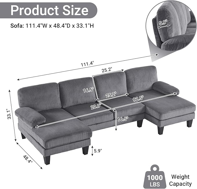 VINGLI 110" Sectional Couches for Living Room,U Shaped Couch with Double Chaise, 4-Seat Sofa Set with Corduroy Fabric for Home Furniture,Grey