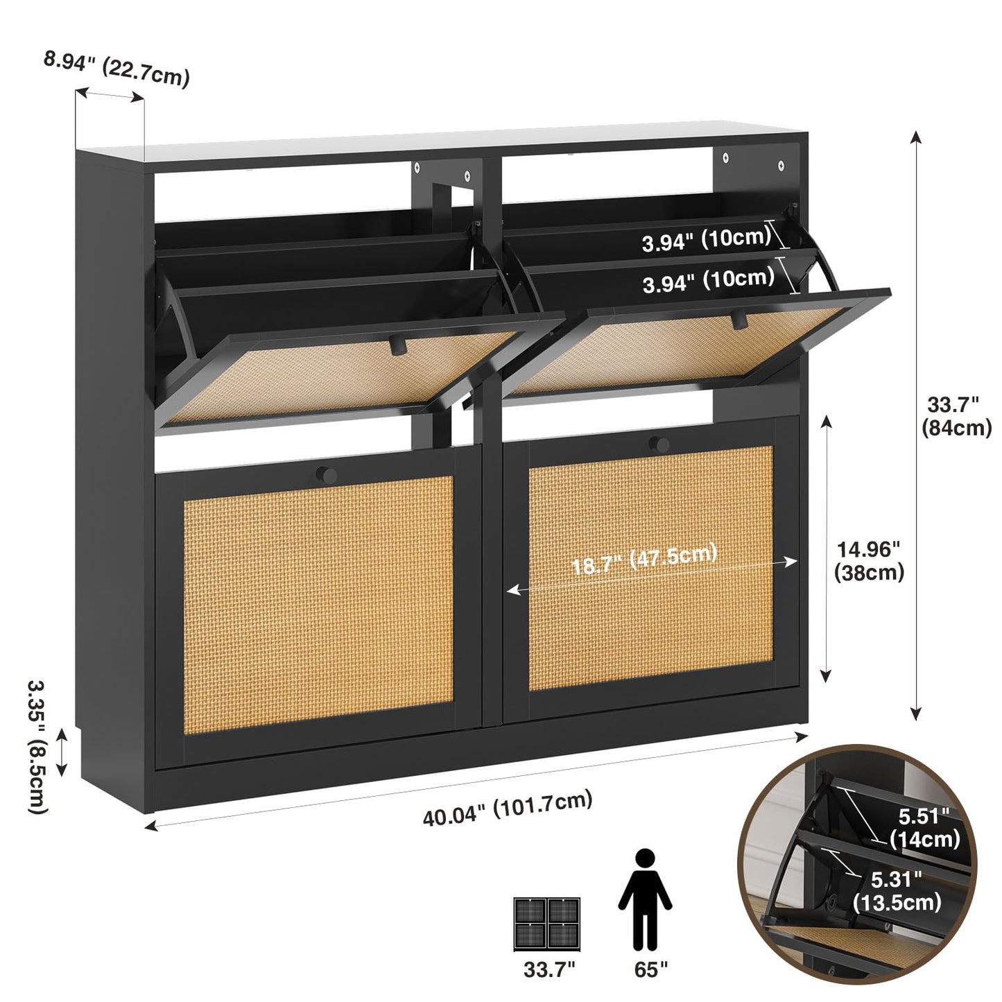 Skokliz Rattan Shoe Storage Cabinet with 4 Flip Drawers, Freestanding Hidden Shoe Cabinet Organizer with Adjustable Shelf, Narrow Shoe Cabinet for Entryway Hallway Living Room