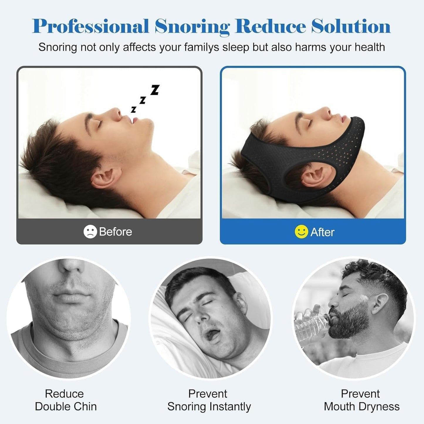 Anti Snore Chin Strap for Sleeping - Airflow Jaw Strap Adjustable & Comfortable - Effective Anti Snoring Devices- Stop Snoring Solution for Men & Women, Breathable and Reusable (Black)-123