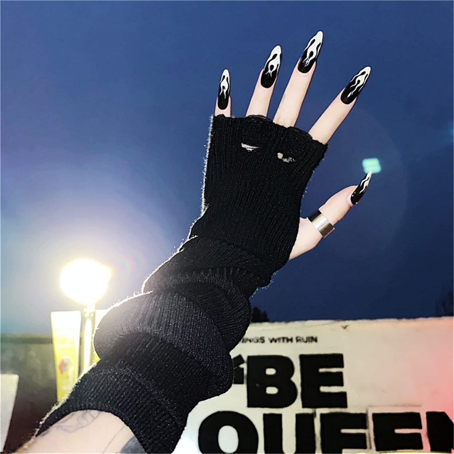 URAWESO Goth Gloves Grunge Emo Fingerless Arm Warmers Gothic Punk Thumbhole Ripped Hip Hop Y2k Arm Sleeves Cosplay