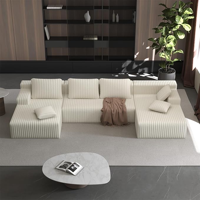 LAUSAINT HOME 132" Modular Sectional Sofa Couches, U-Shaped Boneless Cloud Sofa with 4 Deep Seat, 6 Cushiones Oversized Chaise for Living Room, Bedroom, Plush Corduroy Fabric (U Shaped Sofa, Beige)