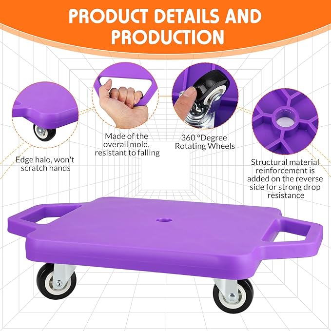 Jerify 8 Pieces Sports Scooter Board Sitting Scooter Board for Kids Plastic Floor with Non-Marring Plastic Casters, Physical Education for Home School Play Equipment