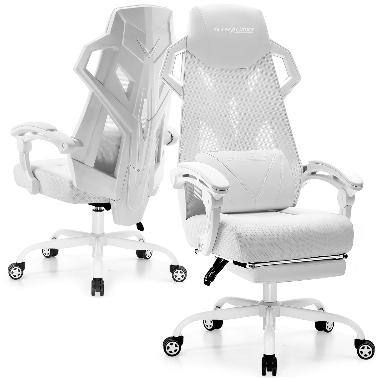 GTRACING Gaming Chair, Computer Chair with Mesh Back, Ergonomic Game Chair with Footrest, Reclining Game Chair with Adjustable Headrest and Lumbar Support for Gaming and Office (White)