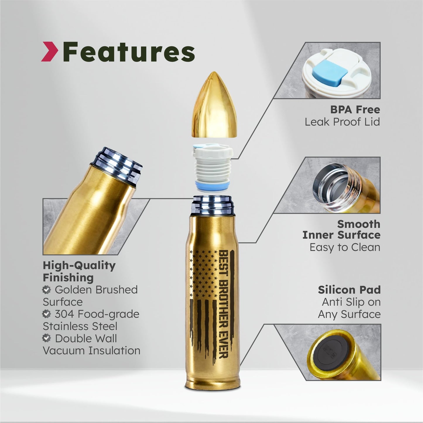 Gifts for Brother, Birthday Gifts from Sister - Best Brother Ever Bullet Tumbler 17Oz with Keychain, Gold Thermos Coffee Cup for Older Adult Bros, Funny Present for Wedding or Graduation