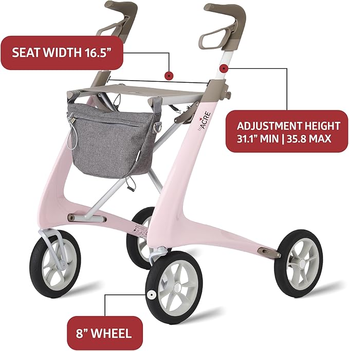 byACRE Ultralight Rollator Walker with Seat, Lightweight Folding Mobility Aid for Seniors, Compact Upright Walking Support,16.5" x 24" Seat (W x H), Comfort Handles and Storage, Pink