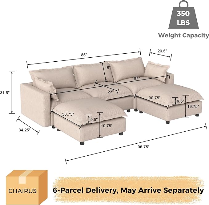 chairus 97" Modular Sectional Sofa with 2 Movable Ottoman Upholstered Deep Seat Linen Couch Set with Soft Pillows U Shaped Sofa Couch for Living Room, Apartment, Reception Room, 3-Seater/Oatmeal