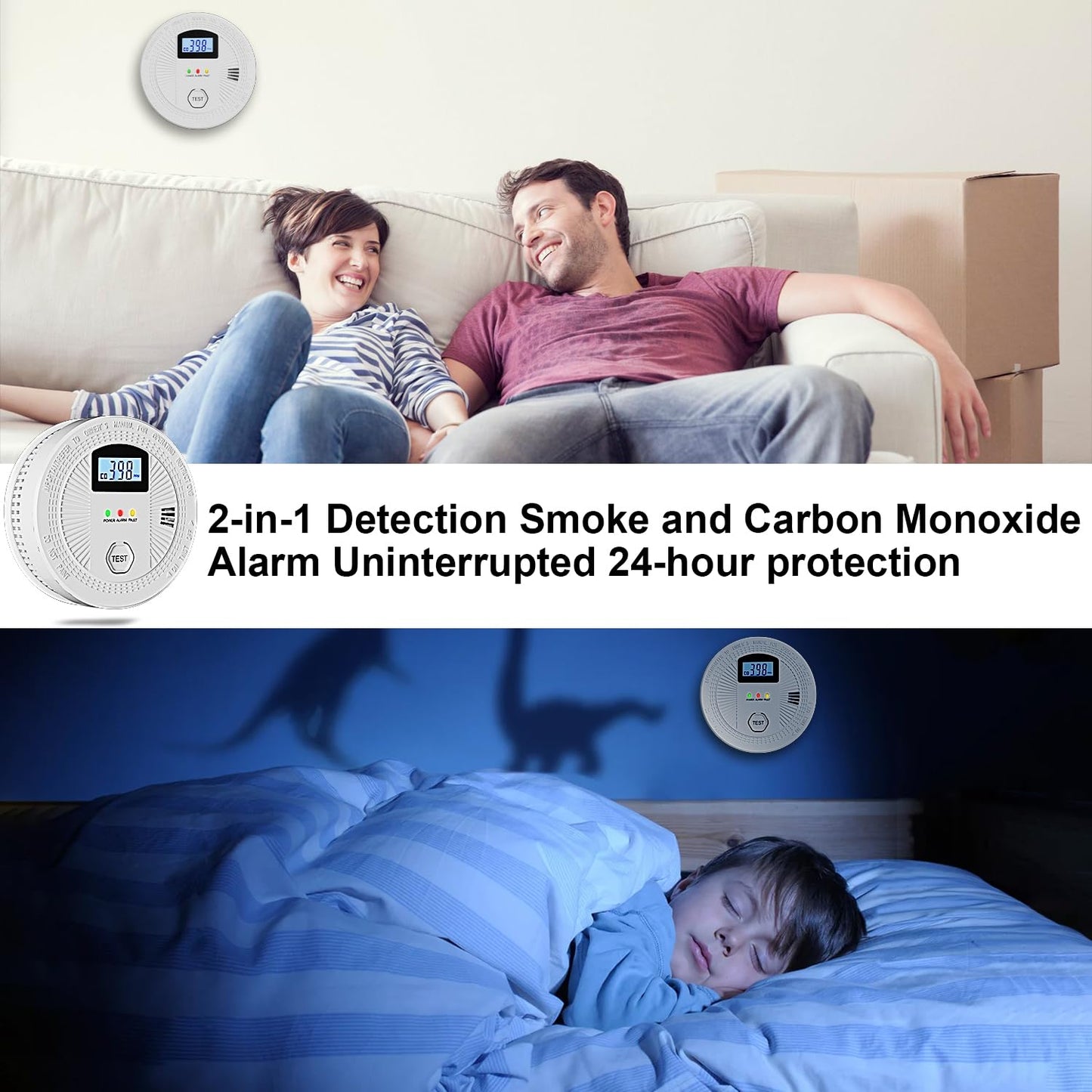 Combination Carbon Monoxide and Smoke Alarm with Digital Display, Battery Operated Smoke and Carbon Monoxide detectors 1-Pack