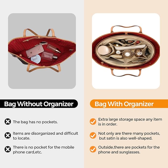SDANG Purse Organizer Satin Insert for Handbags & Totes – Bag Insert Organizer with Zipper, Compartment Divider & Shaper Liner (Open Type, Small 24)