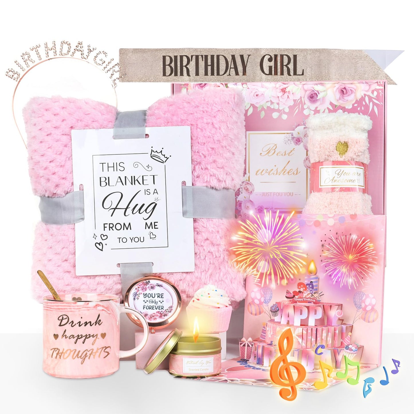 Birthday Gifts for Women Happy Birthday Gifts Basket for Women, Unique Relaxing Spa Birthday Gift Set Box for Her Best Friend Sister Wife Girlfriend Grandma Female Mom, with 3D Birthday Cards Blanket